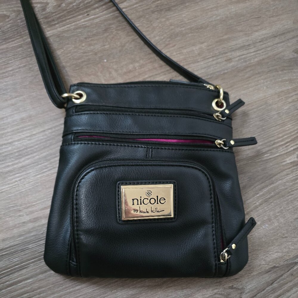 Nicole by Nicole Miller Black Crossbody Bag Faux Leather Zip Pocket
